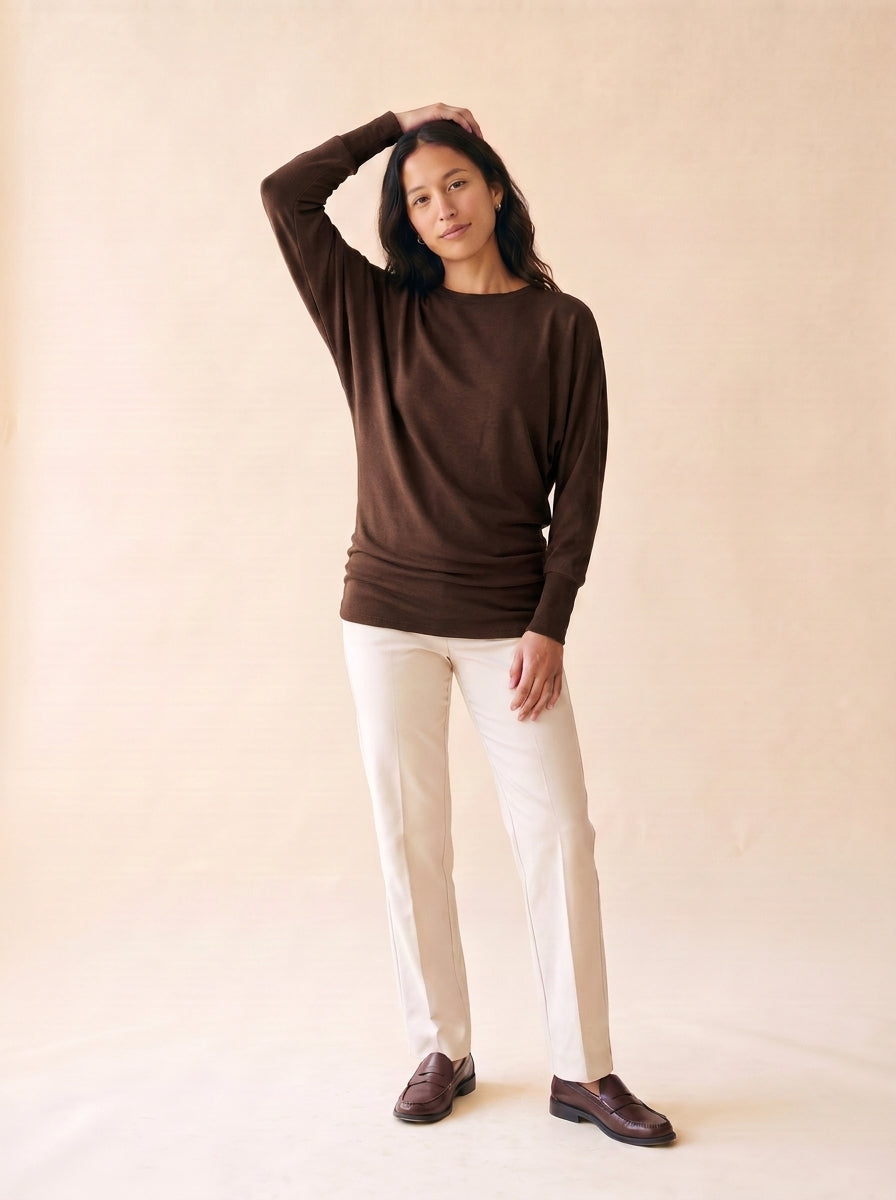 Women's Minimalist Long-Sleeve Top in Brown - model