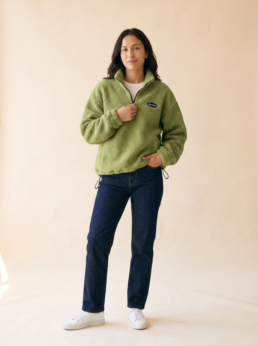 Women's Half-Zip Sherpa Fleece Sweatshirt in Lime Green - model