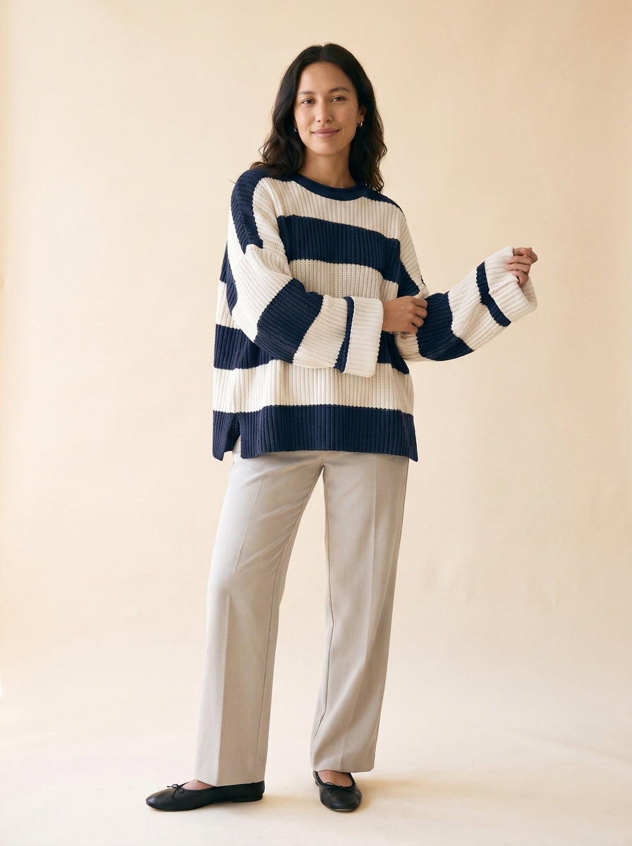 Women's Oversized Striped Batwing Sweater in Blue - model