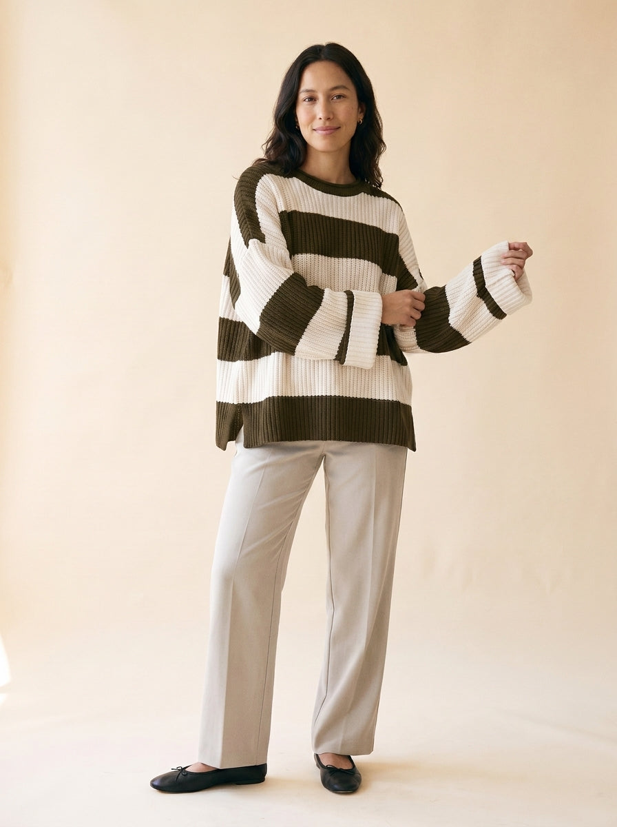 Women's Oversized Striped Batwing Sweater in Deep Khaki - model