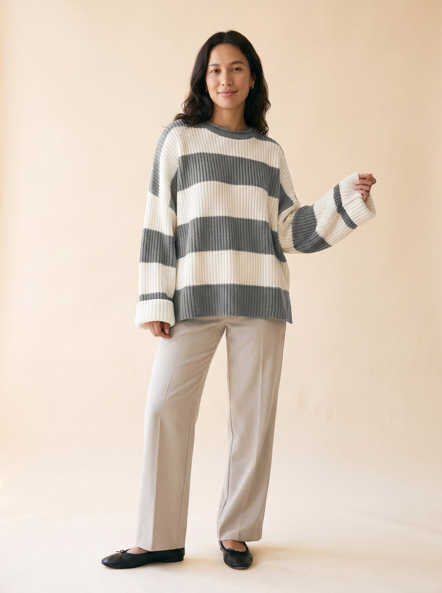 Women's Oversized Striped Batwing Sweater in Gray - model