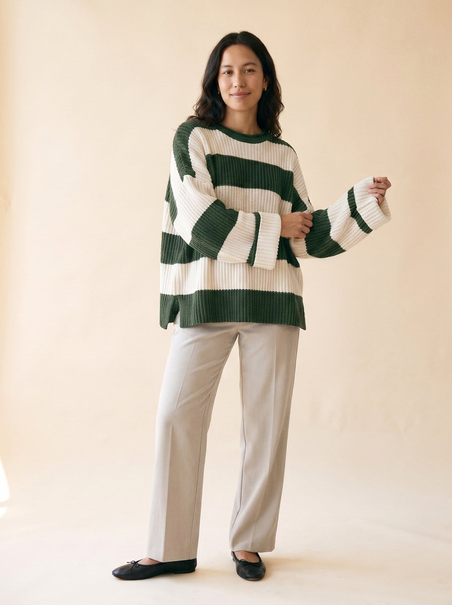 Women's Oversized Striped Batwing Sweater in Green - model