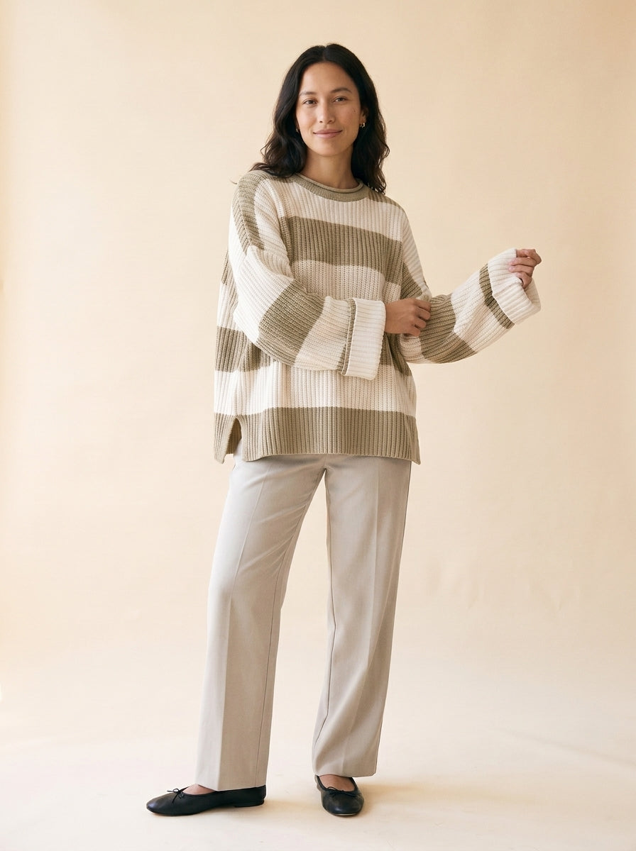 Women's Oversized Striped Batwing Sweater in Khaki - model