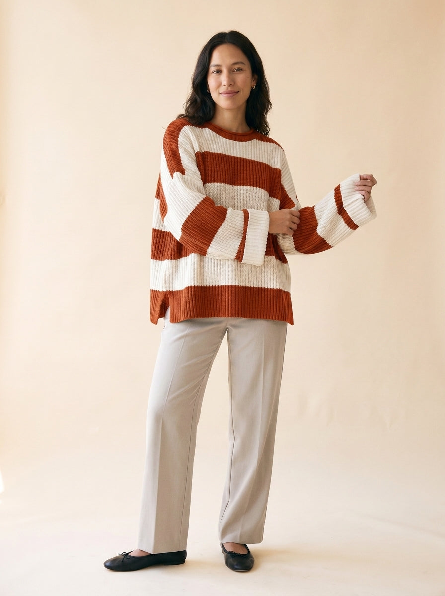 Women's Oversized Striped Batwing Sweater in Orange - model
