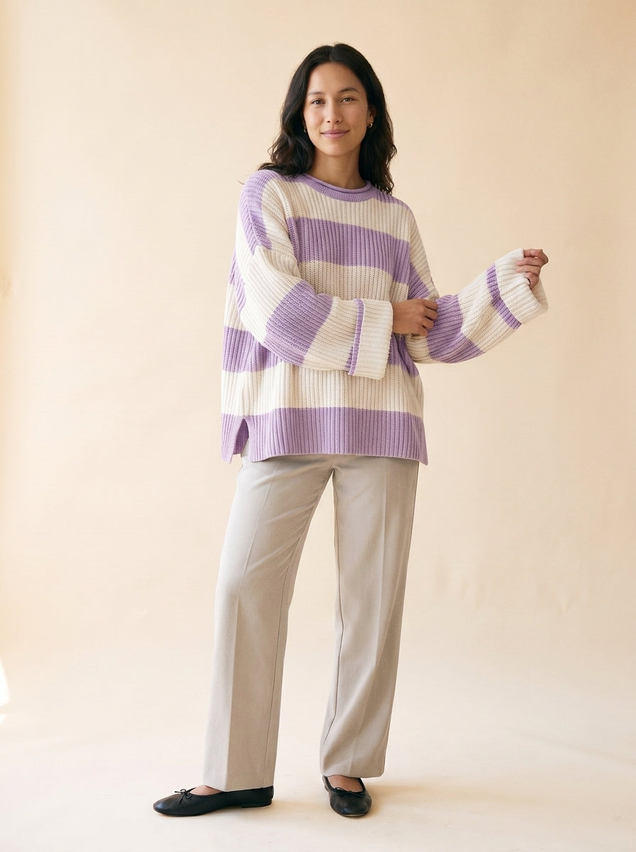 Women's Oversized Striped Batwing Sweater in Purple - model