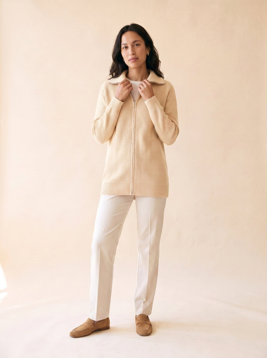 Women's Full-Zip Knitted Polo Cardigan in Apricot - model