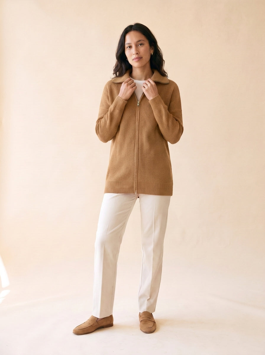 Women's Full-Zip Knitted Polo Cardigan in Camel - model