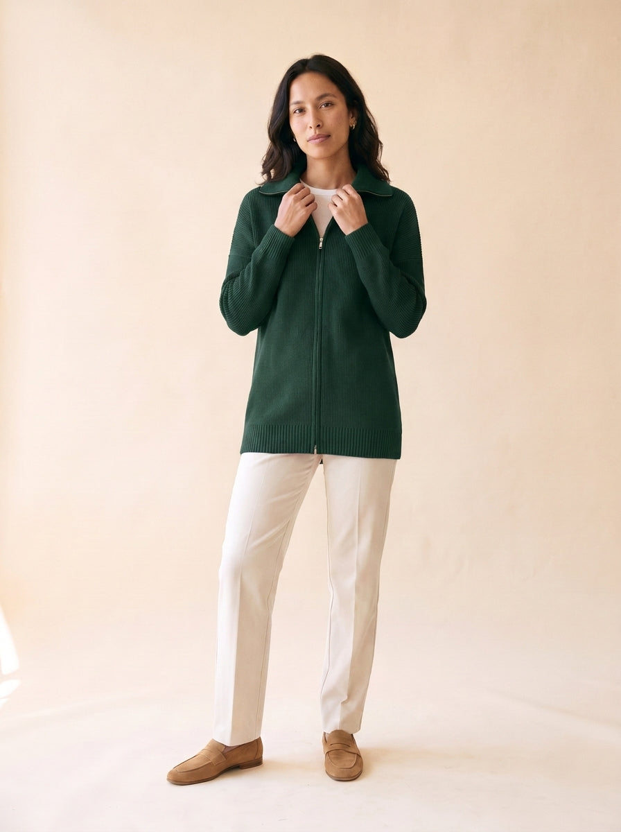 Women's Full-Zip Knitted Polo Cardigan in Dark Green - model