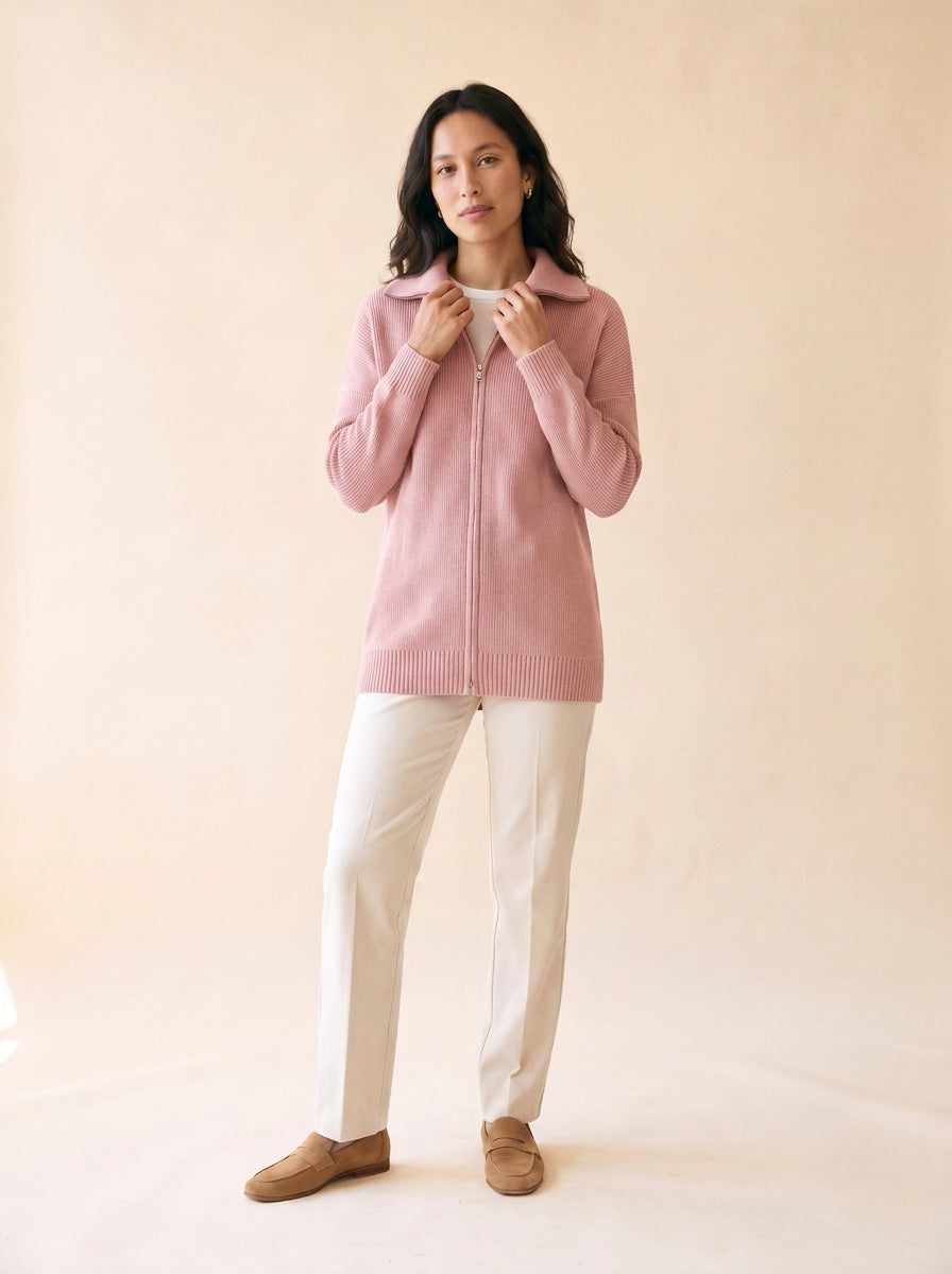 Women's Full-Zip Knitted Polo Cardigan in Pink - model