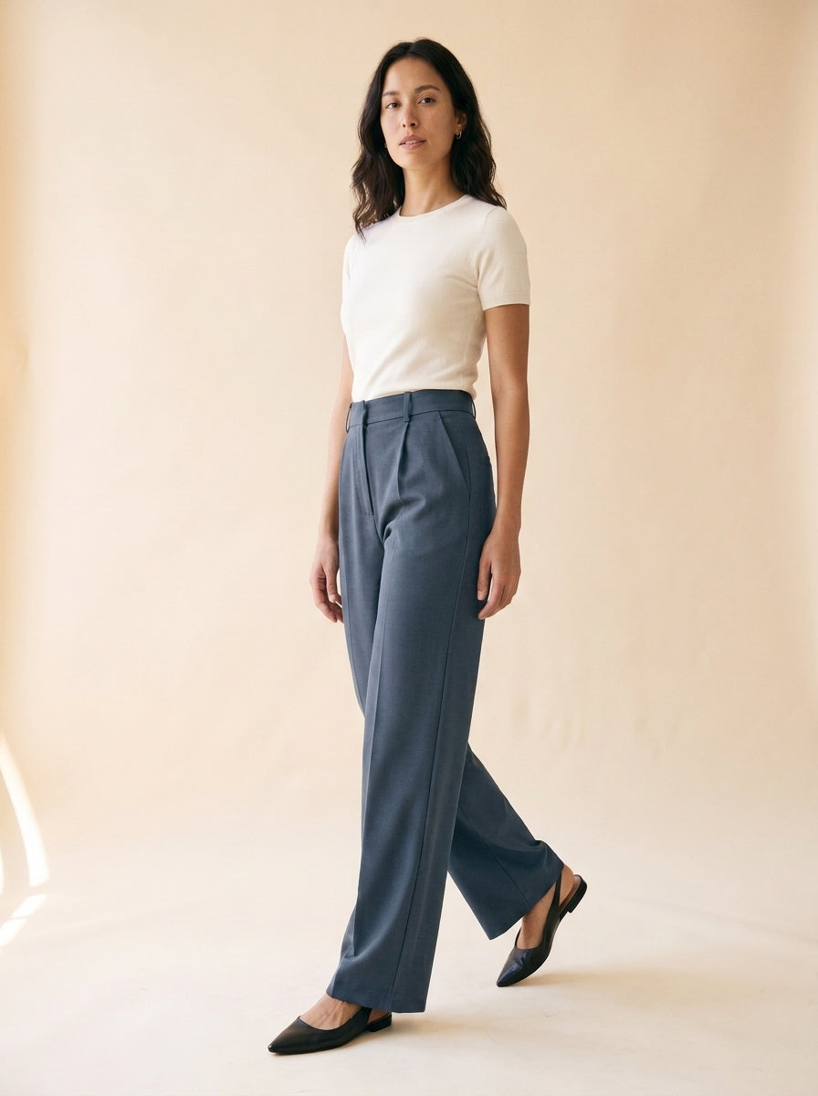Women's High-Waist Straight Wide-Leg Trouser in Slate Blue - model