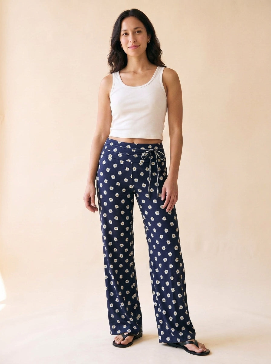 Women's High-Waisted Wide-Leg Pant in Navy Floral - model