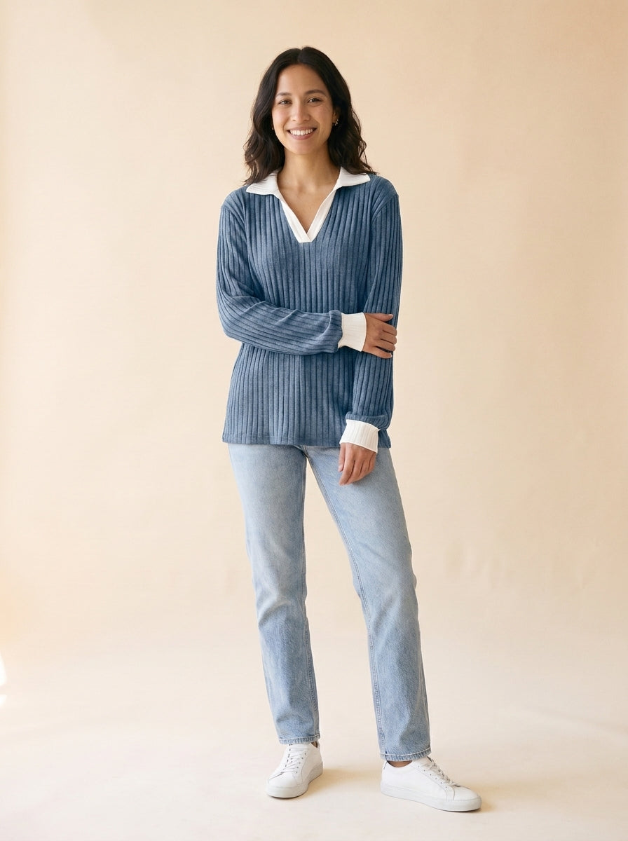 Women's Lapel Collar Relaxed Top in Denim Blue - model