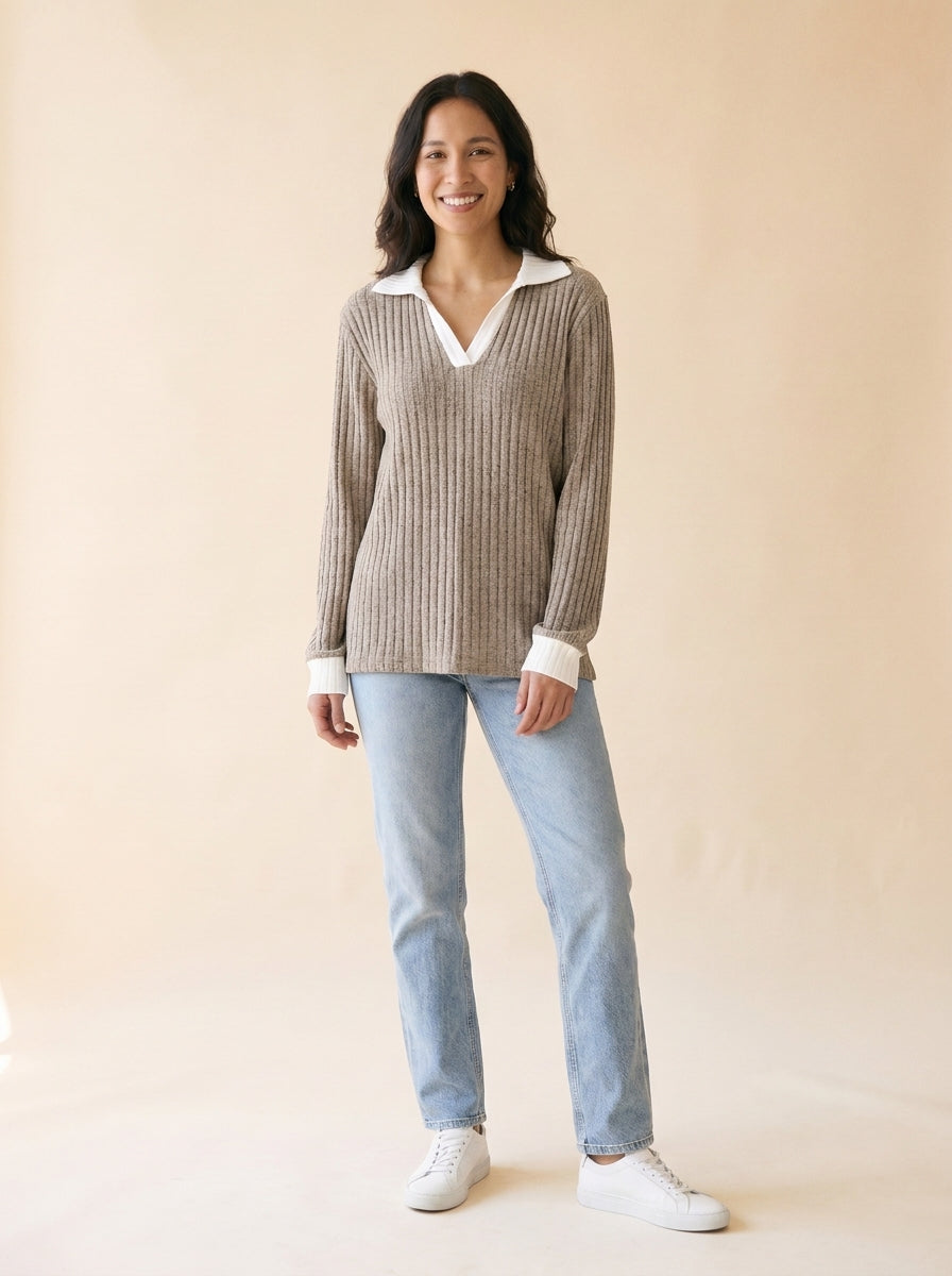 Women's Lapel Collar Relaxed Top in Khaki - model
