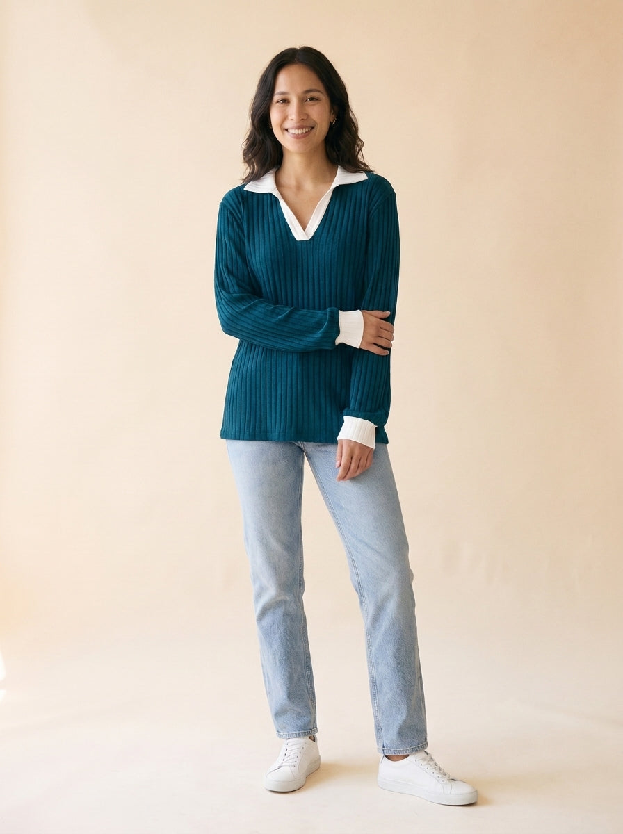 Women's Lapel Collar Relaxed Top in Peacock Blue - model