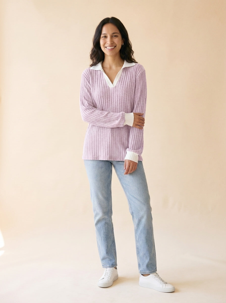 Women's Lapel Collar Relaxed Top in Pink - model