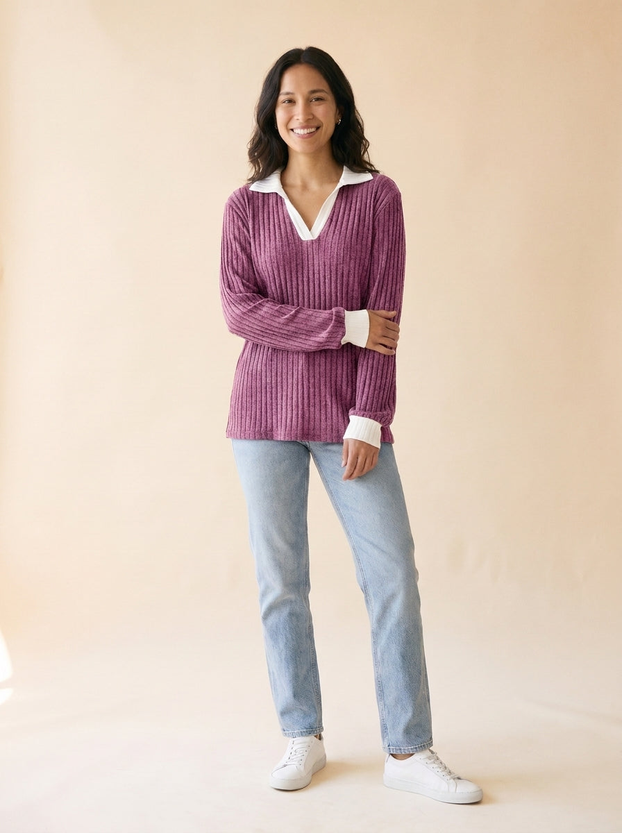 Women's Lapel Collar Relaxed Top in Berry - model