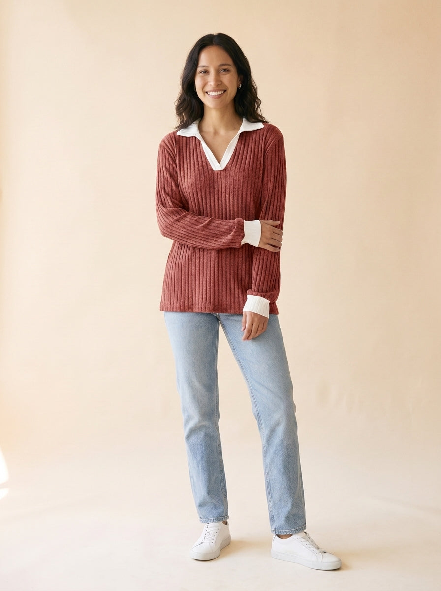 Women's Lapel Collar Relaxed Top in Rust Red - model