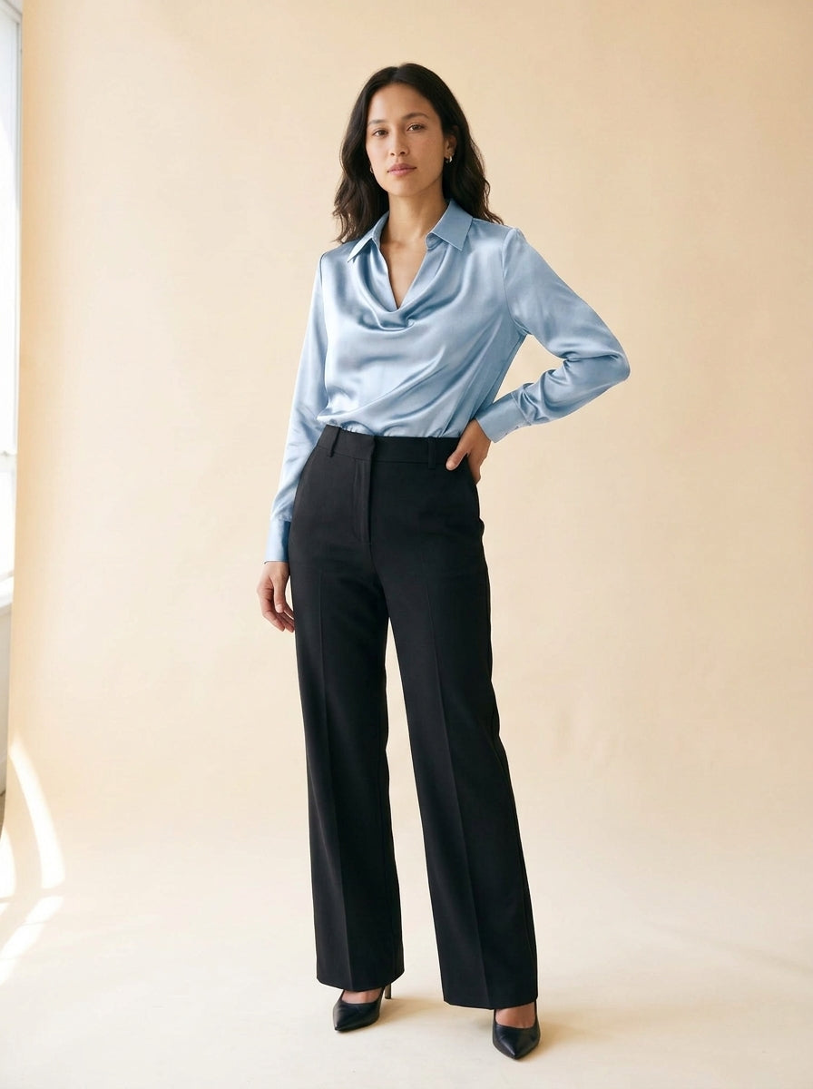 Women's Satin Swing-Collar Blouse in Blue - model