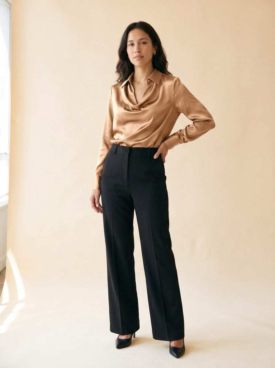 Women's Satin Swing-Collar Blouse in Gold - model