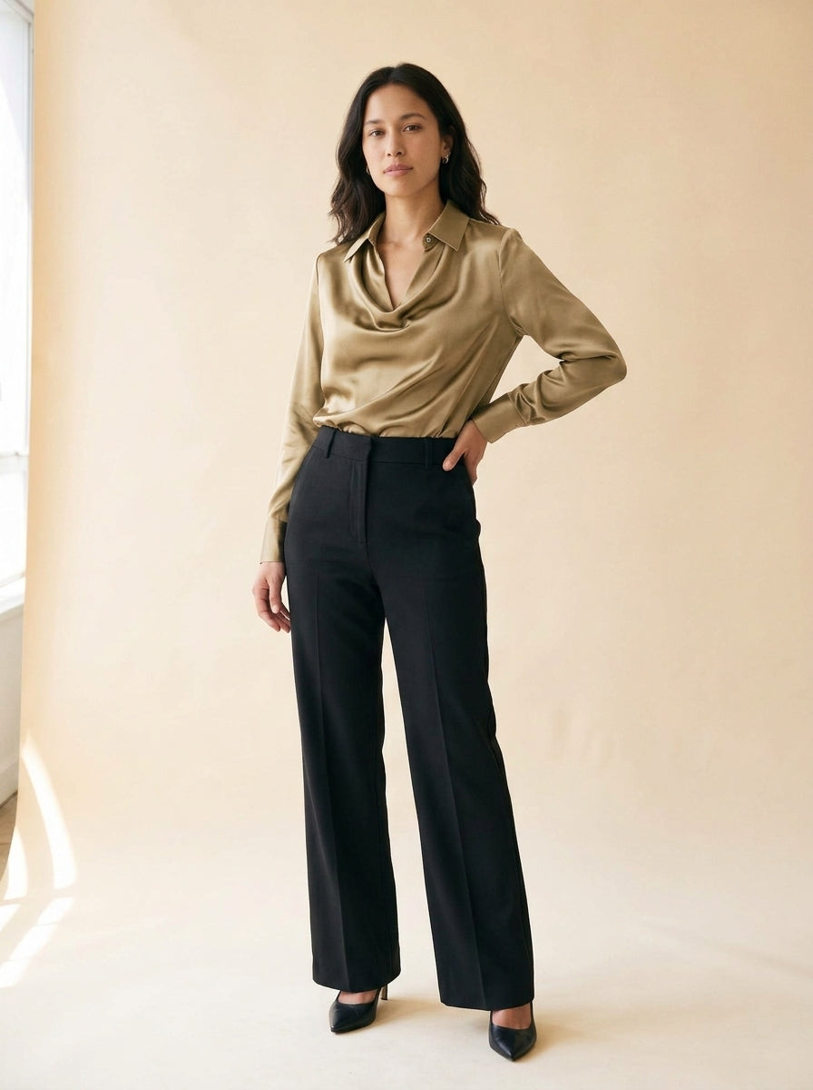 Women's Satin Swing-Collar Blouse in Khaki - model