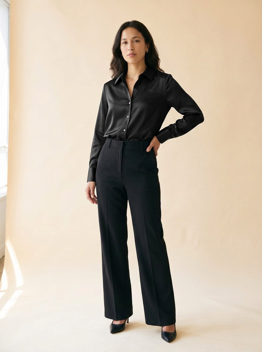 Women's Satin Button-Up Shirt in Black - model front view