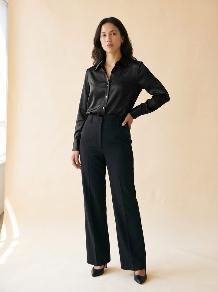 Women's Satin Button-Up Shirt in Black - model front view
