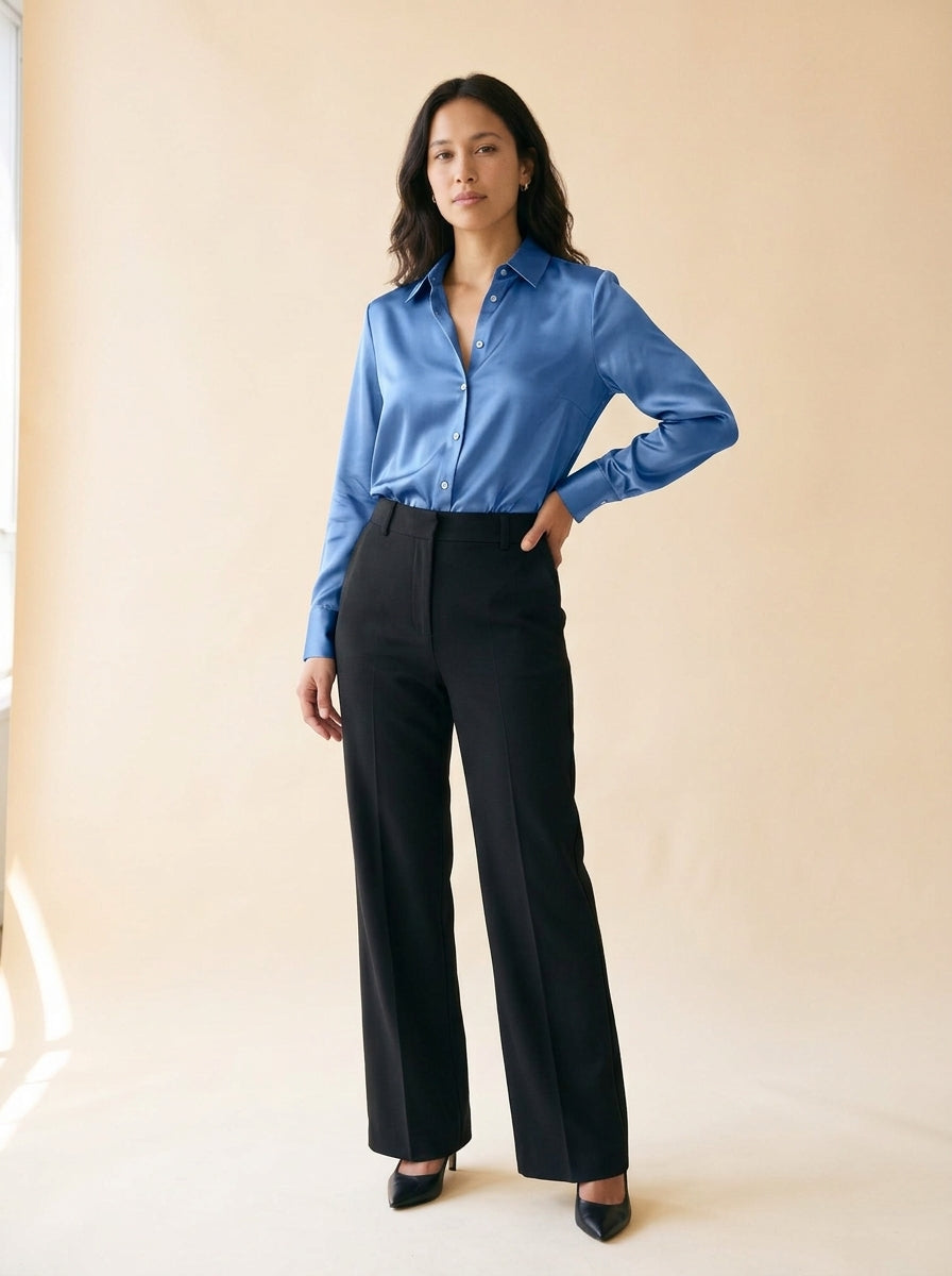 Women's Satin Button-Up Shirt in Blue - model