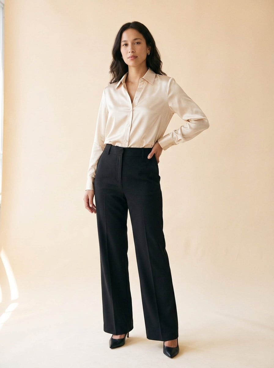 Women's Satin Button-Up Shirt in Champagne - model