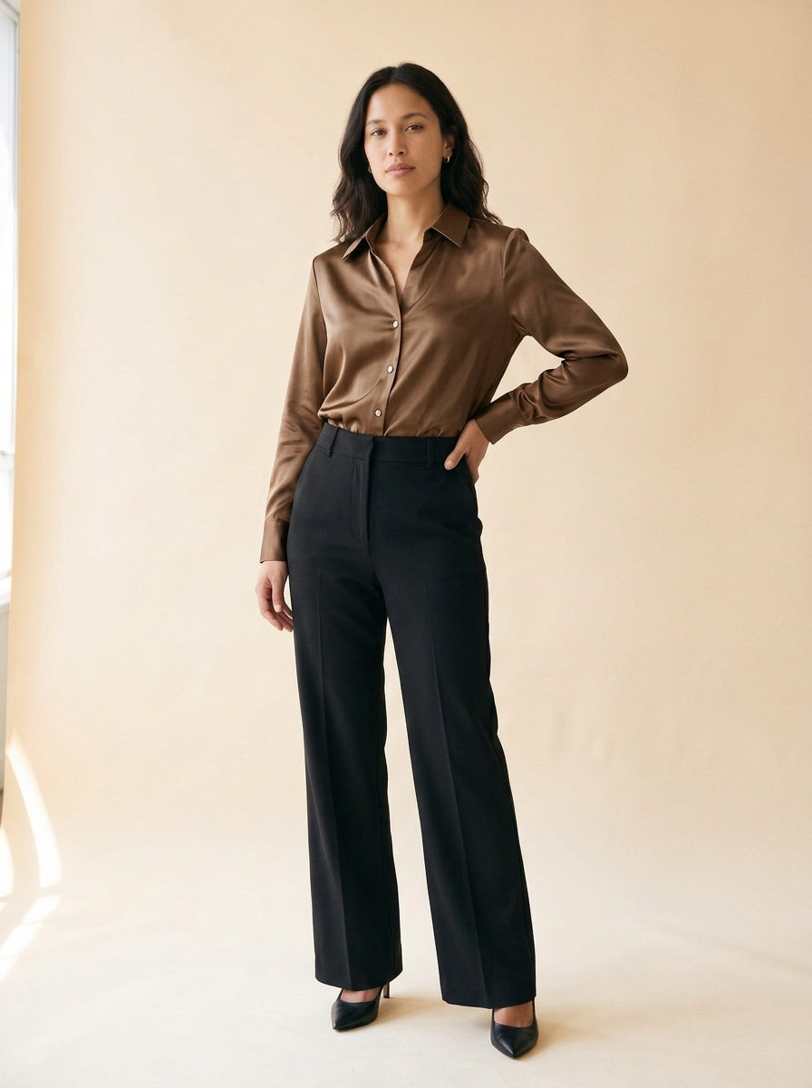 Women's Satin Button-Up Shirt in Coffee - model