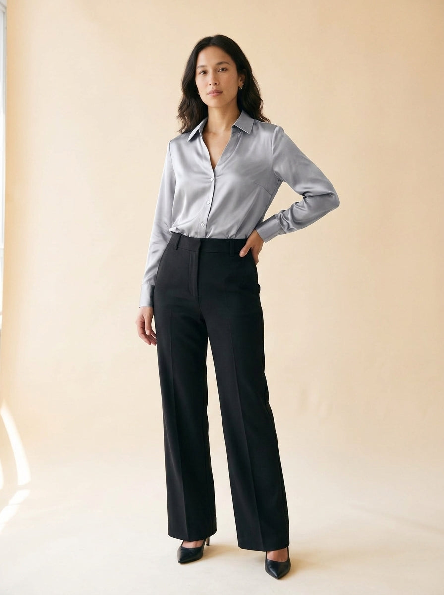 Women's Satin Button-Up Shirt in Silver Gray - model
