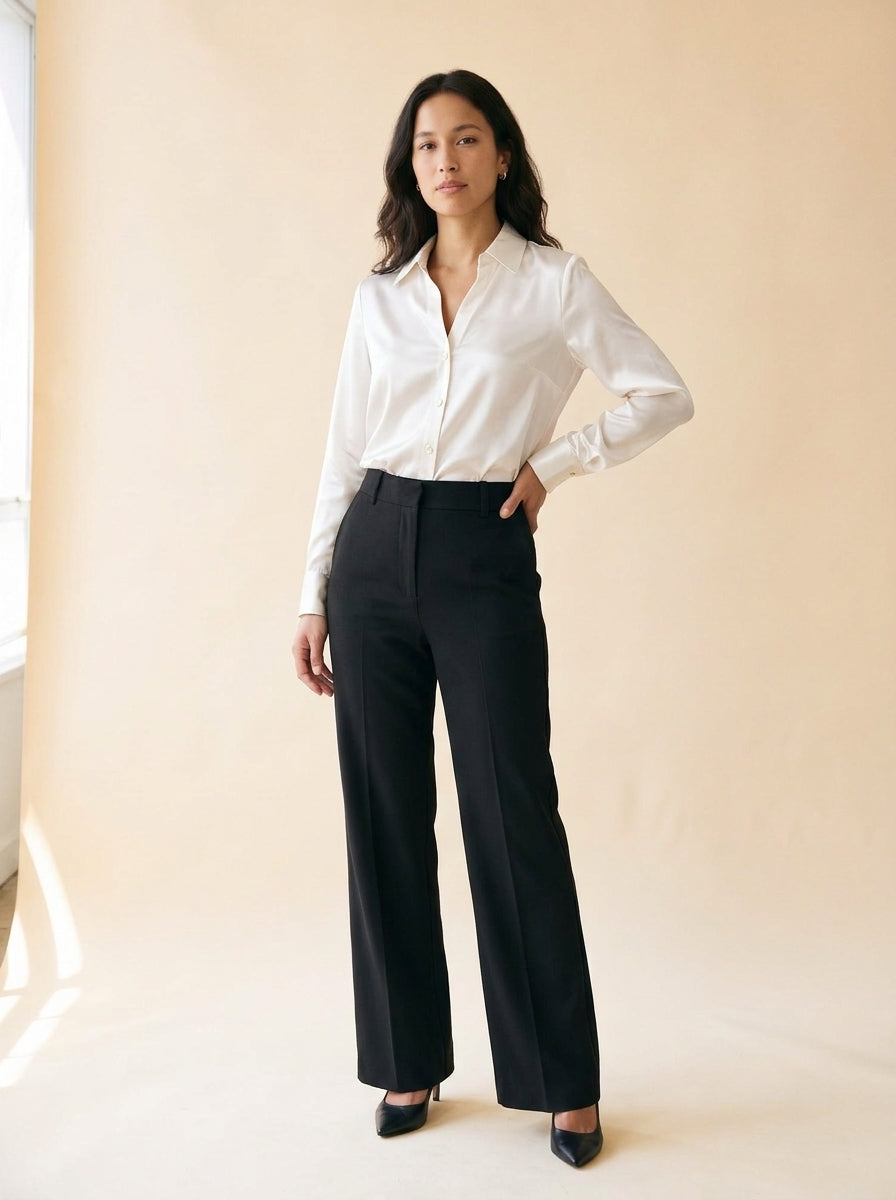 Women's Satin Button-Up Shirt in White - model