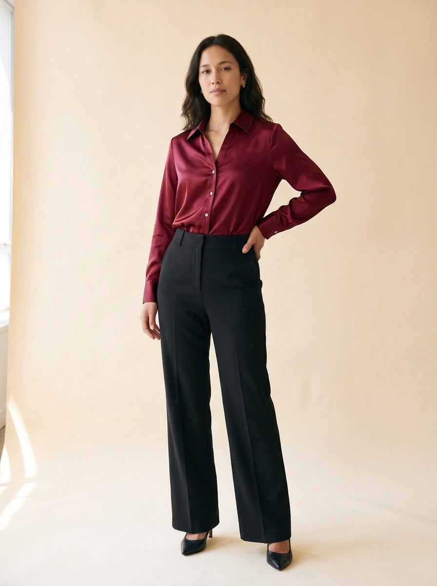 Women's Satin Button-Up Shirt in Wine Red - model