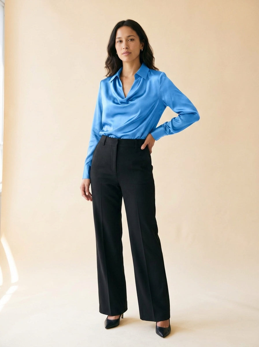 Women's Satin Swing-Collar Blouse in Sky Blue - model