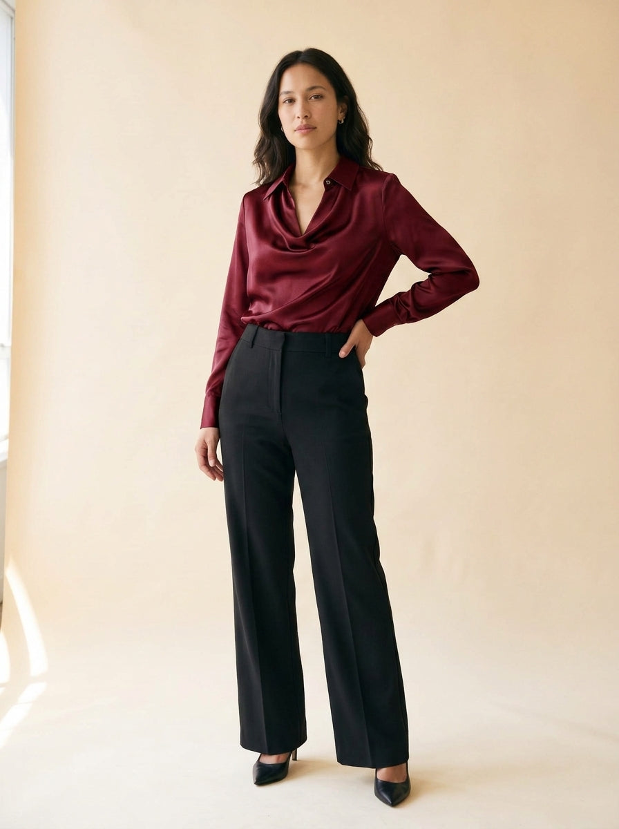 Women's Satin Swing-Collar Blouse in Wine Red - model