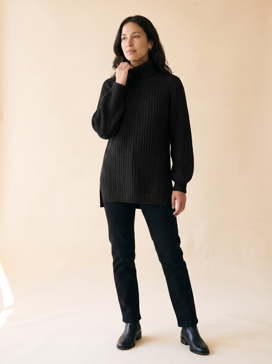 Women's Split-Hem Turtleneck Sweater in Black - model