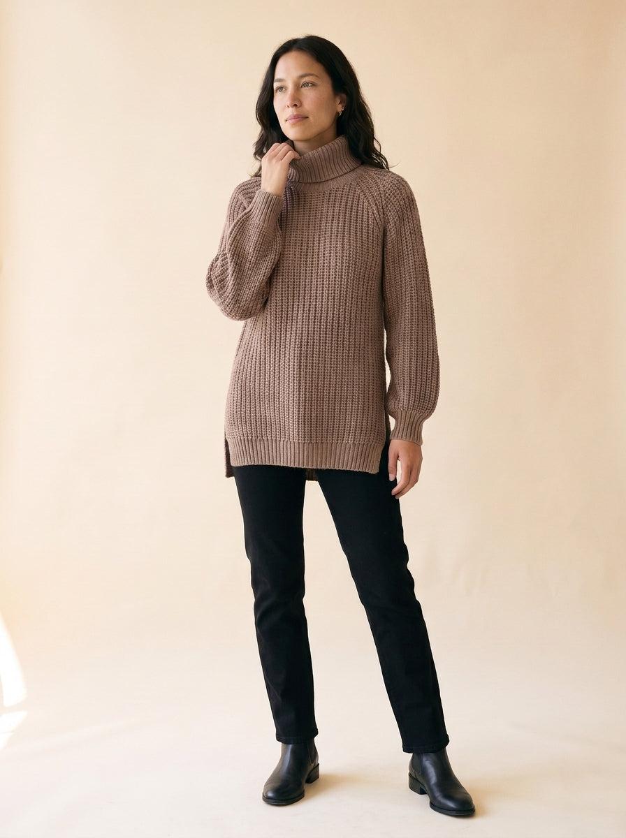 Women's Split-Hem Turtleneck Sweater in Khaki - model