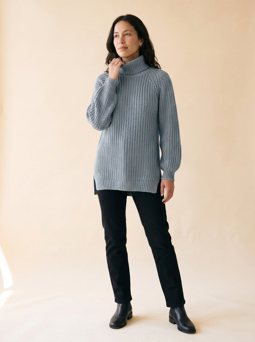 Women's Split-Hem Turtleneck Sweater in Lake Blue - model