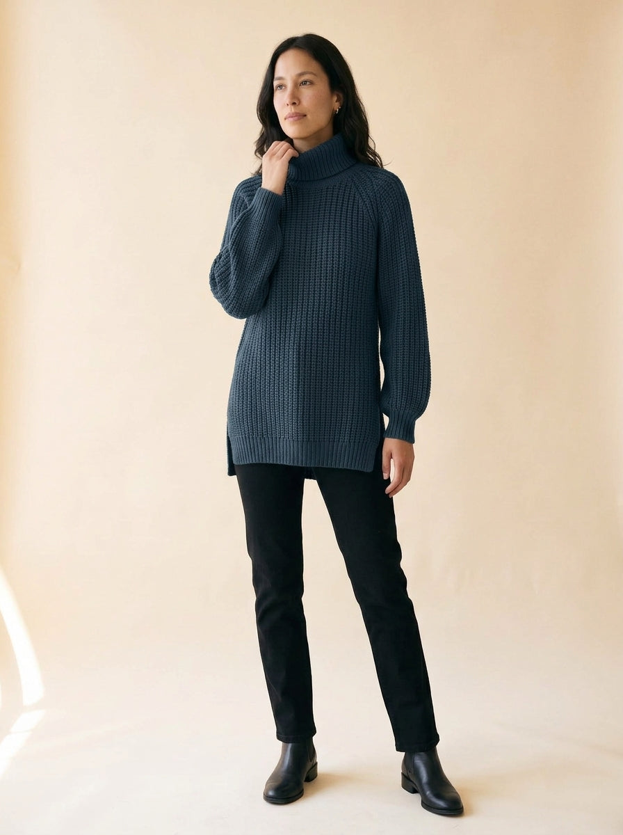 Women's Split-Hem Turtleneck Sweater in Navy Blue - model
