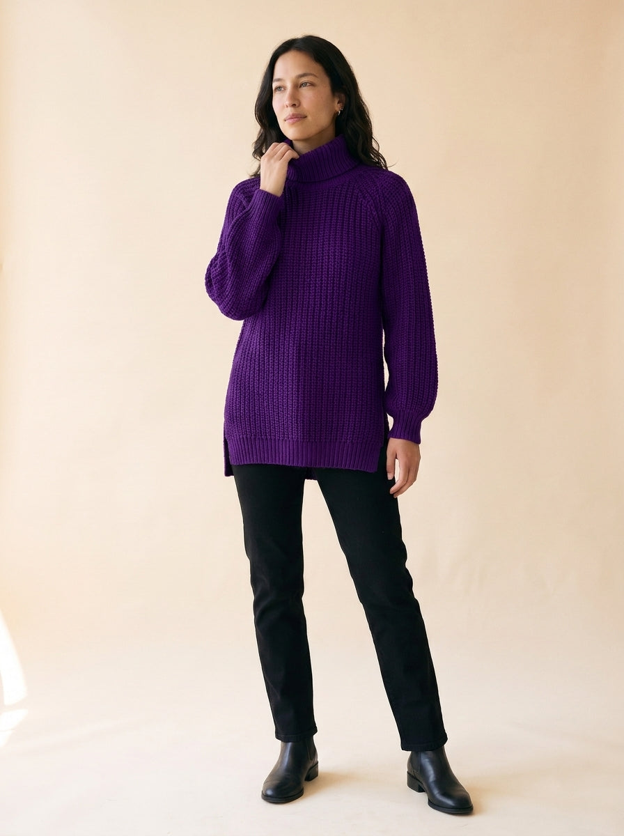 Women's Split-Hem Turtleneck Sweater in Purple - model