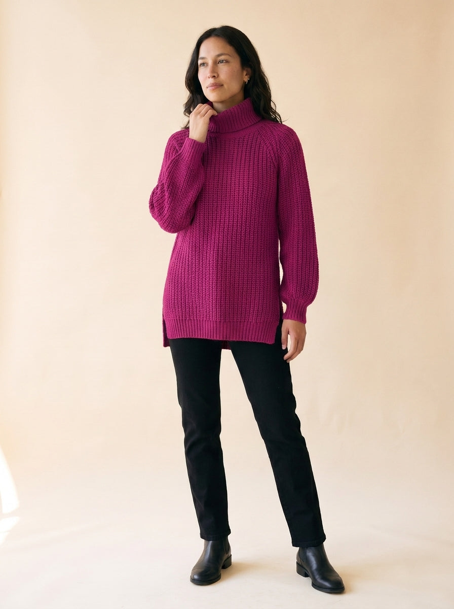 Women's Split-Hem Turtleneck Sweater in Rose Red - model