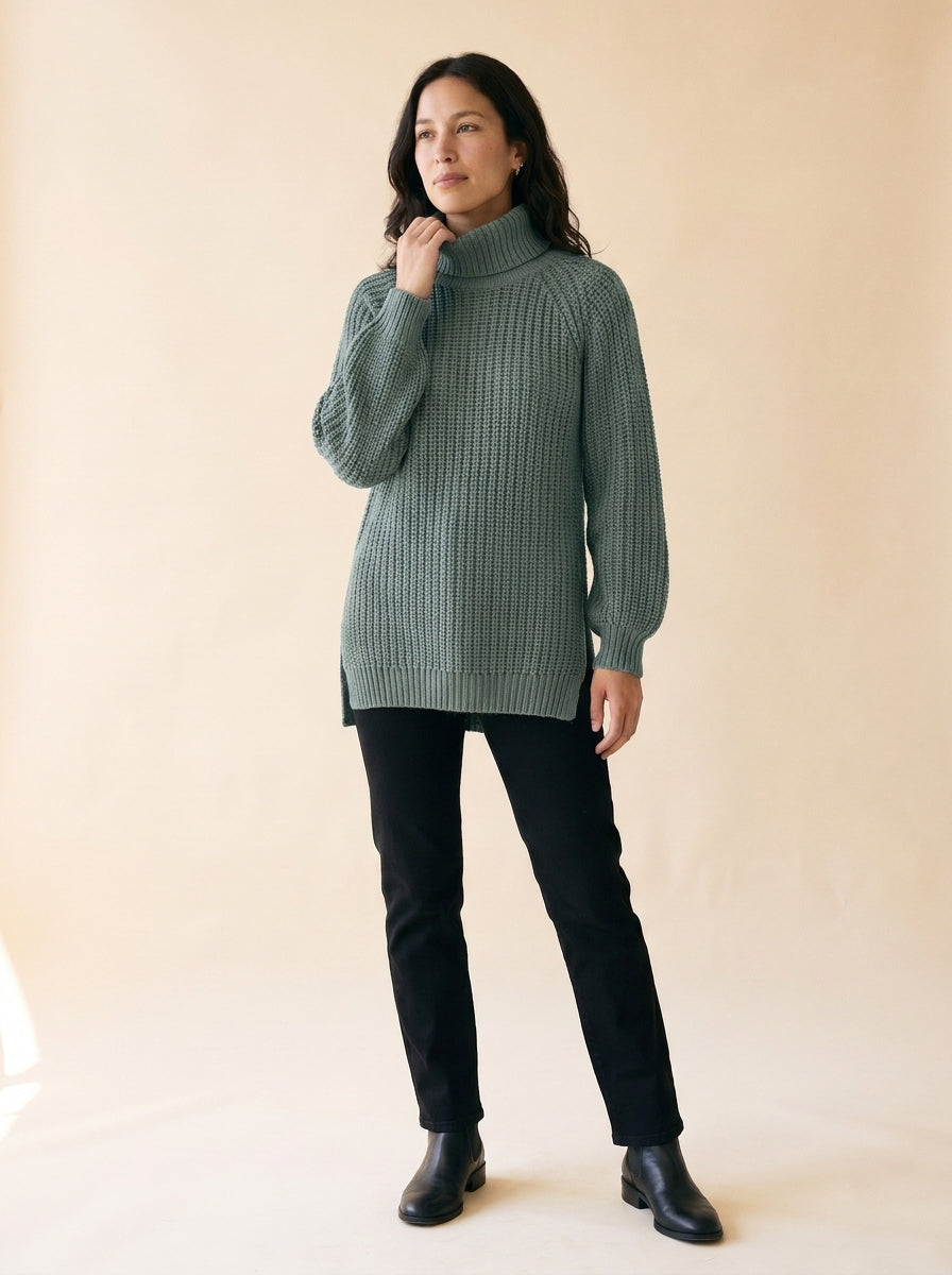 Women's Split-Hem Turtleneck Sweater in Sea Blue - model