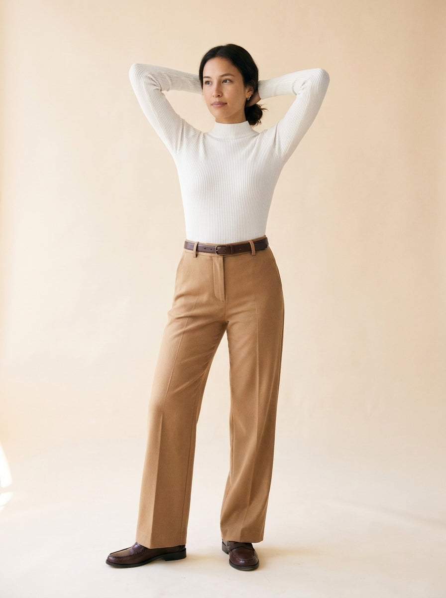 Women's Stand-Collar Knit Pullover in White - model