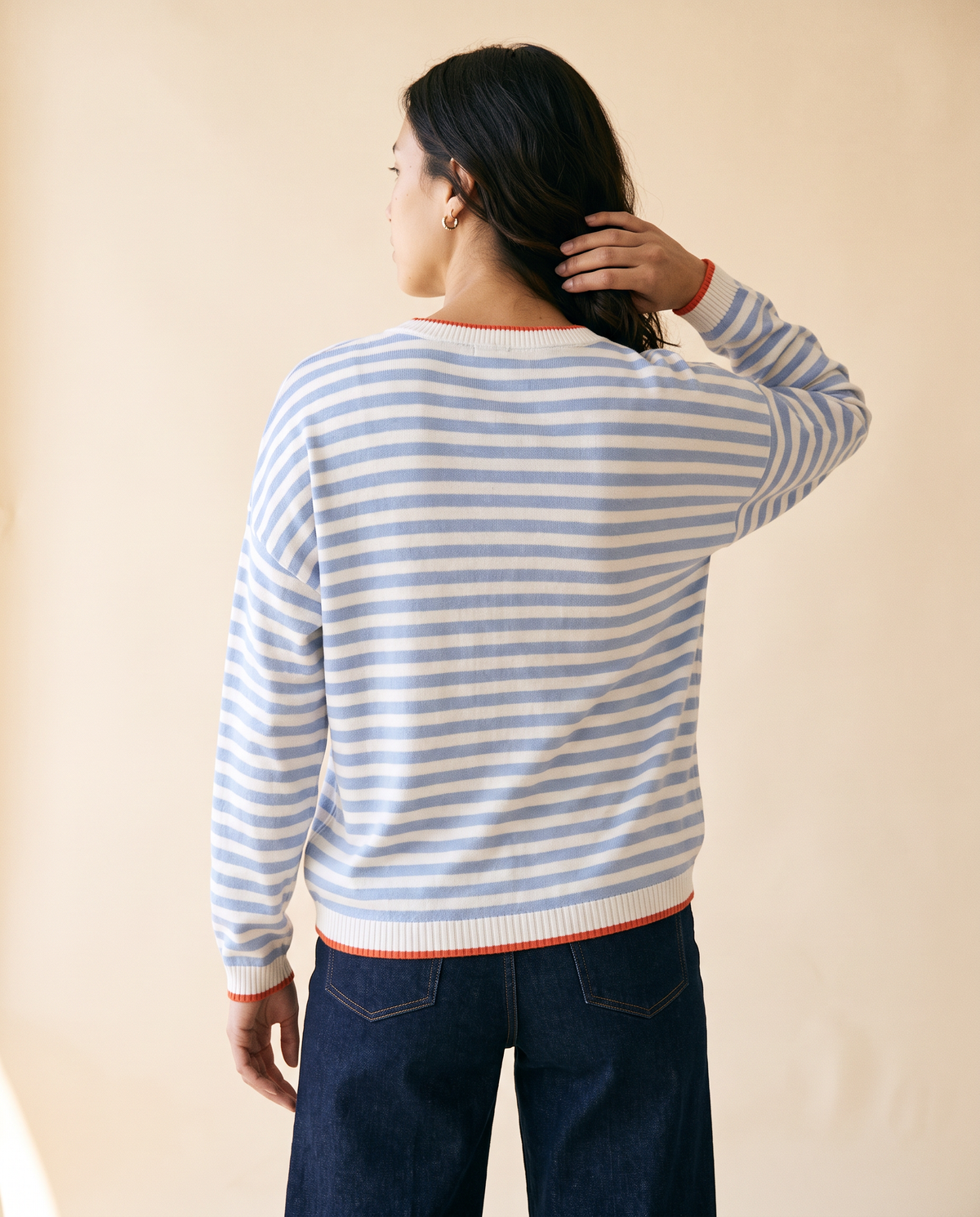 Women's Striped Crewneck Knit Sweater in Blue - model second view