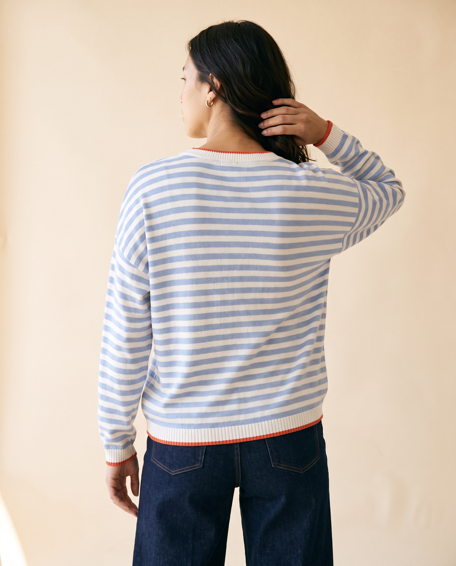 Women's Striped Crewneck Knit Sweater in Blue - model second view