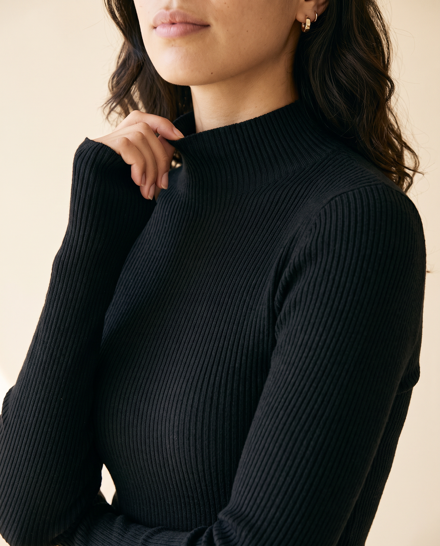 Women's Stand-Collar Knit Pullover in Black - detail