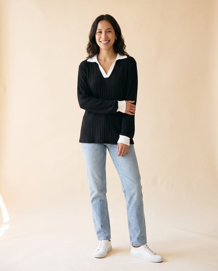 Women's Lapel Collar Relaxed Top in Black - model front view