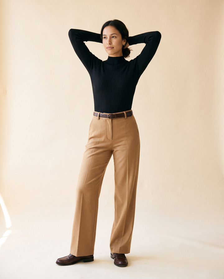Women's Stand-Collar Knit Pullover in Black - model front view