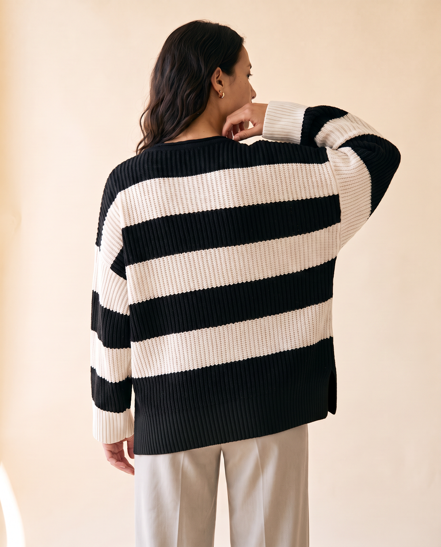 Women's Oversized Striped Batwing Sweater in Black - model second view