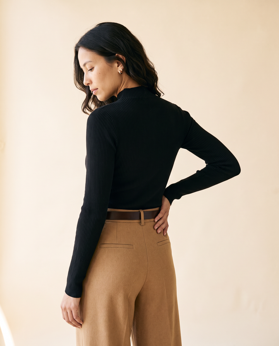 Women's Stand-Collar Knit Pullover in Black - model second view