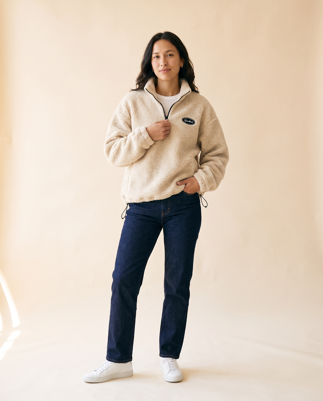 Women's Half-Zip Sherpa Fleece Sweatshirt in Apricot - model front view
